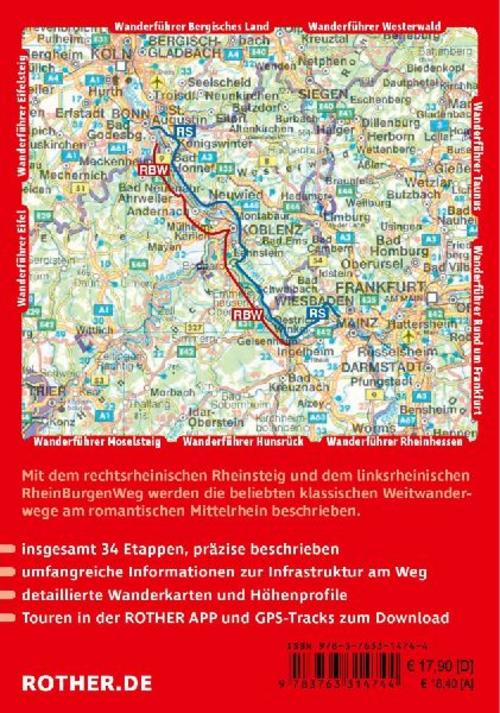 ROTHER Wanderführer Rheinsteig - RheinBurgenWeg. 34 Etappen auf den Weitwanderwegen rechts und links des romantischen Mittelrheins